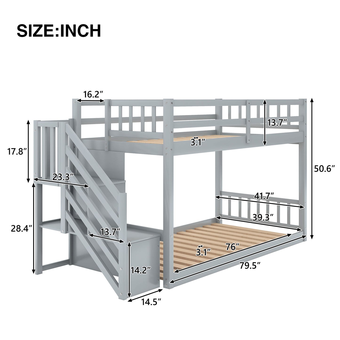 Twin Over Twin Floor Bunk Bed, Ladder With Storage - Gray