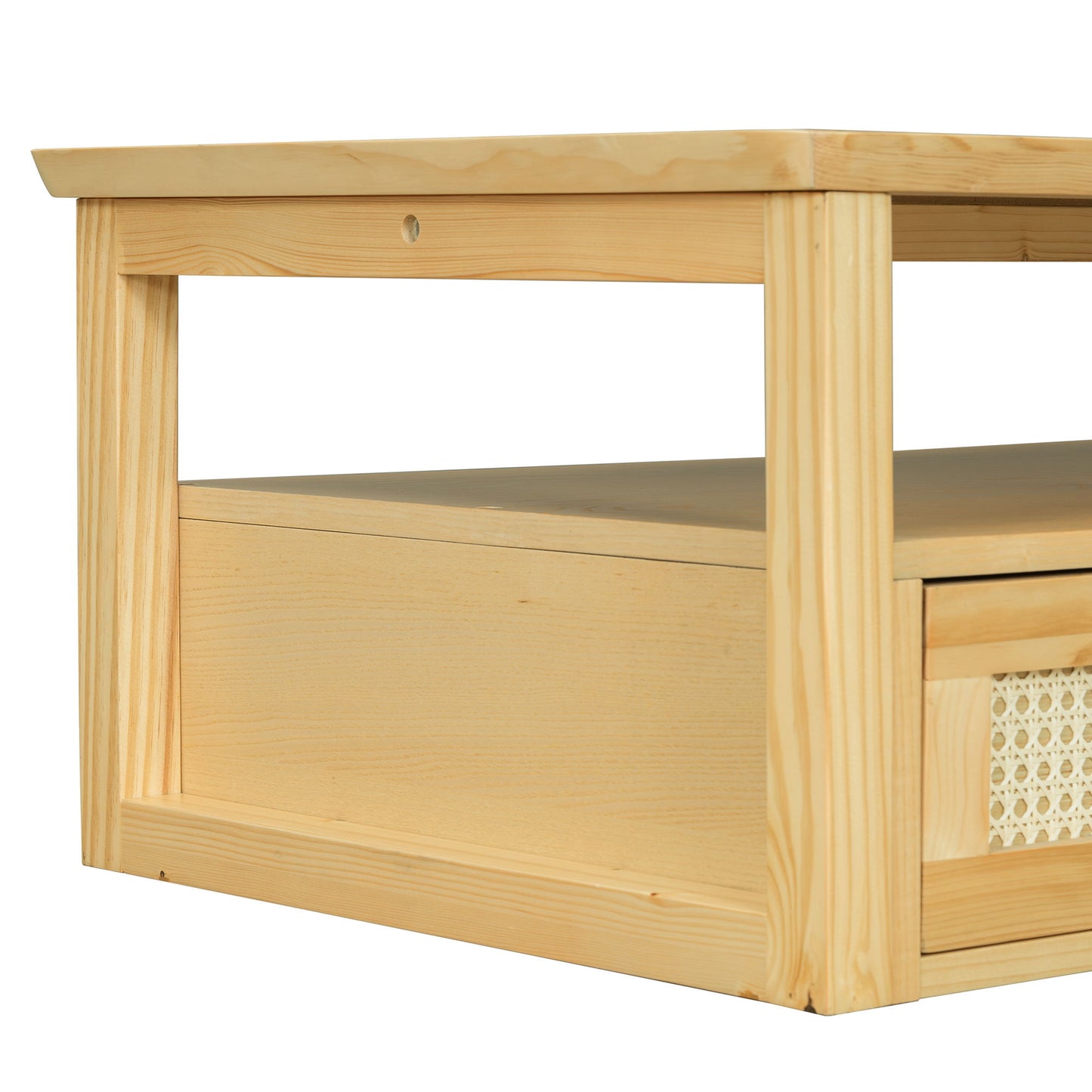 Modern Coffee Table, Coffee Table With 1 Storage Shelf, 2 Tabletops And 1 Rattan Drawer For Living Room - Natural
