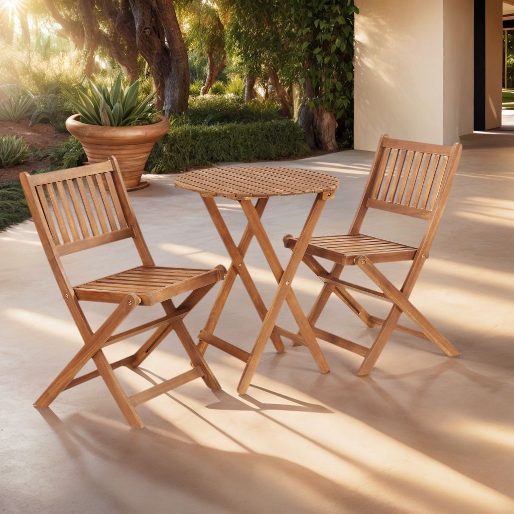 3 Piece Acacia Bistro Set, Folding Patio Furniture For Garden Backyard Balcony Porch With 1 Coffee Table And 2 Foldable Chairs - Light Brown