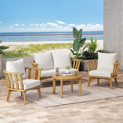 4 Pieces Acacia Wood Patio Furniture Set, Outdoor Furniture With Coffee Table, Patio Conversation Set Deep Seating With Soft Cushion, Porch Chairs For Backyard Porch Balcony - Teak / White