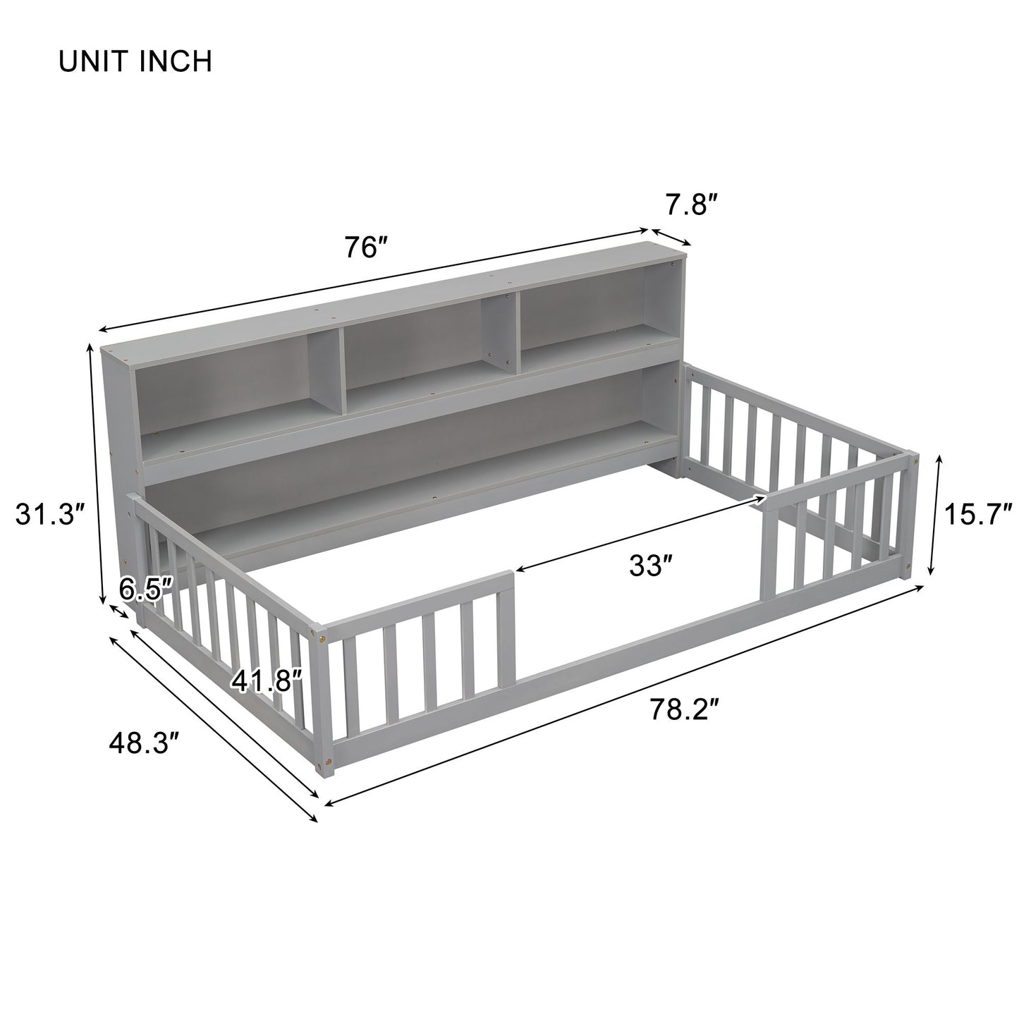Twin Floor Bed With Bedside Bookcase, Shelves, Guardrails - Gray