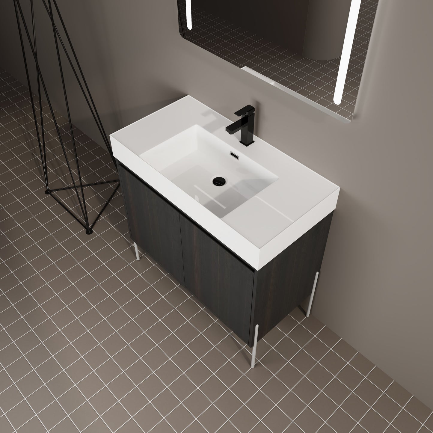 Minimalist 36" Freestanding Bathroom Vanity With Resin Sink And Storage Cabinet - Dark Oak