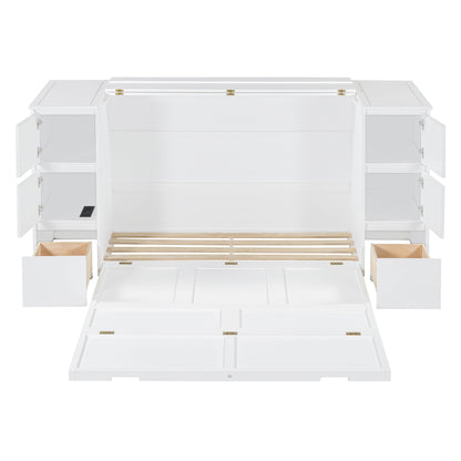 Full Size Murphy Bed With Drawers, Cabinets And USB Ports - White