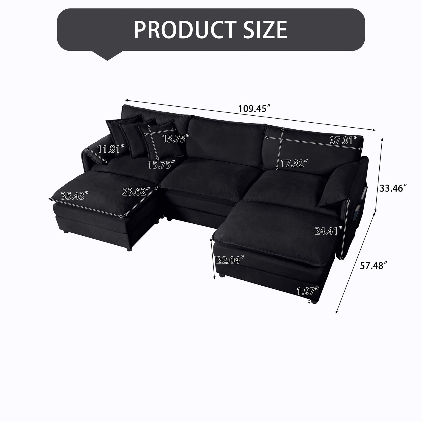 Modular Sectional Sofa, Oversized Deep Seat U Shaped Couch Set With Movable Ottomans, Chenille - Black