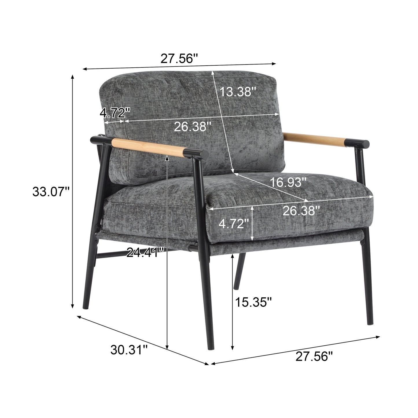 Modern Accent Chair With Plush Cushions, Minimalist Metal Frame, Wooden Armrest - Gray