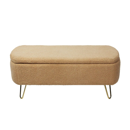 Storage Ottoman Bench For End Of Bed Gold Legs, Modern Camel Faux Fur Entryway Bench Upholstered Padded With Storage For Living Room Bedroom - Camel