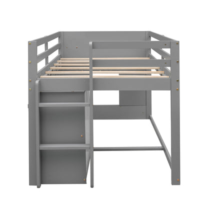 Twin Size Loft Bed With Cabinet And Shelf - Gray