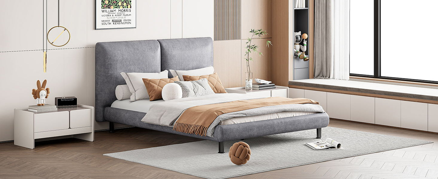 Queen Size Upholstered Platform Bed With 2 Large Headrests And Thick - Gray
