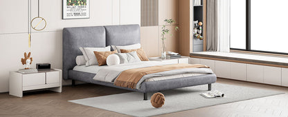 Queen Size Upholstered Platform Bed With 2 Large Headrests And Thick - Gray