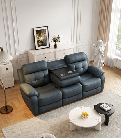 Genuine Leather Non-Power Reclining Sofa With Drop Down Table, Stainless Steel Cupholders And Magazine Bag - Blue