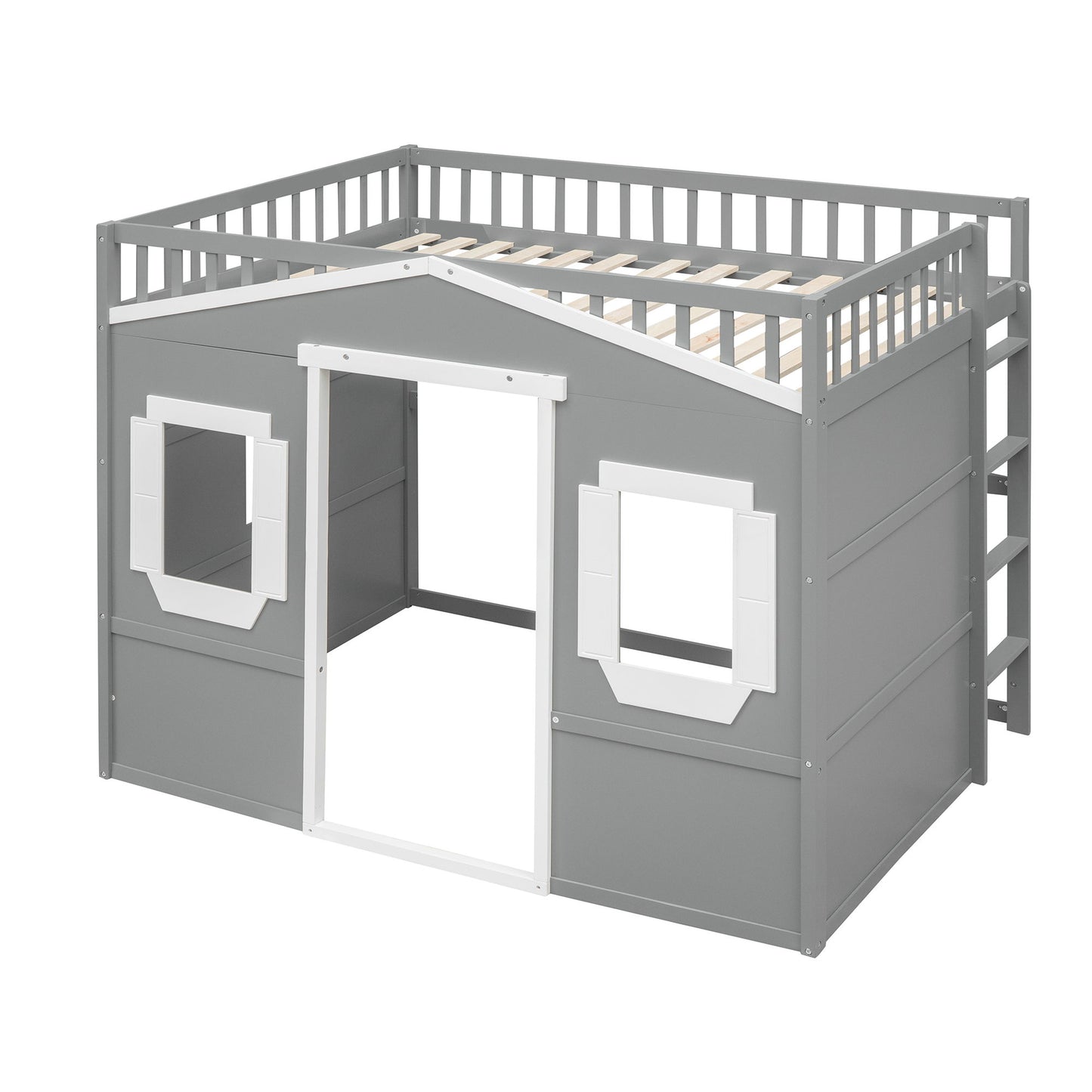 Full Size House Loft Bed With Ladder - Gray / White