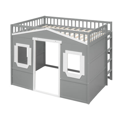 Full Size House Loft Bed With Ladder - Gray / White