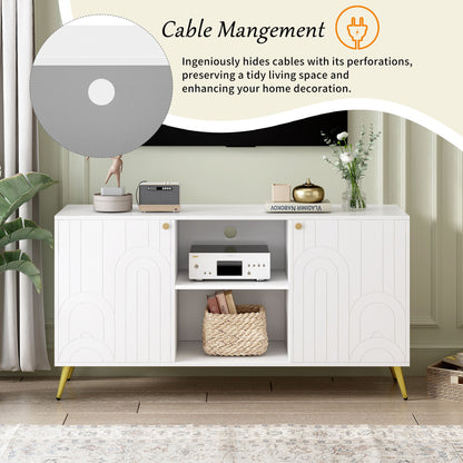 Modern TV Stand For TVs Up To 55", Entertainment Center Media Console, Adjustable Shelf, Metal Legs, Handles And Anti-Tip Device For Living Room - White