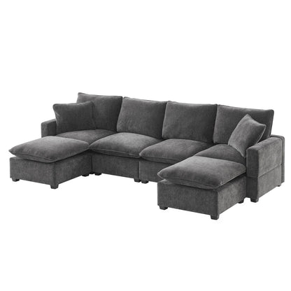 Modern U-Shape Modular Sofa, 6 Seat Chenille Sectional Couch Set With 2 Pillows Included, Freely Combinable Indoor Funiture - Black / Gray