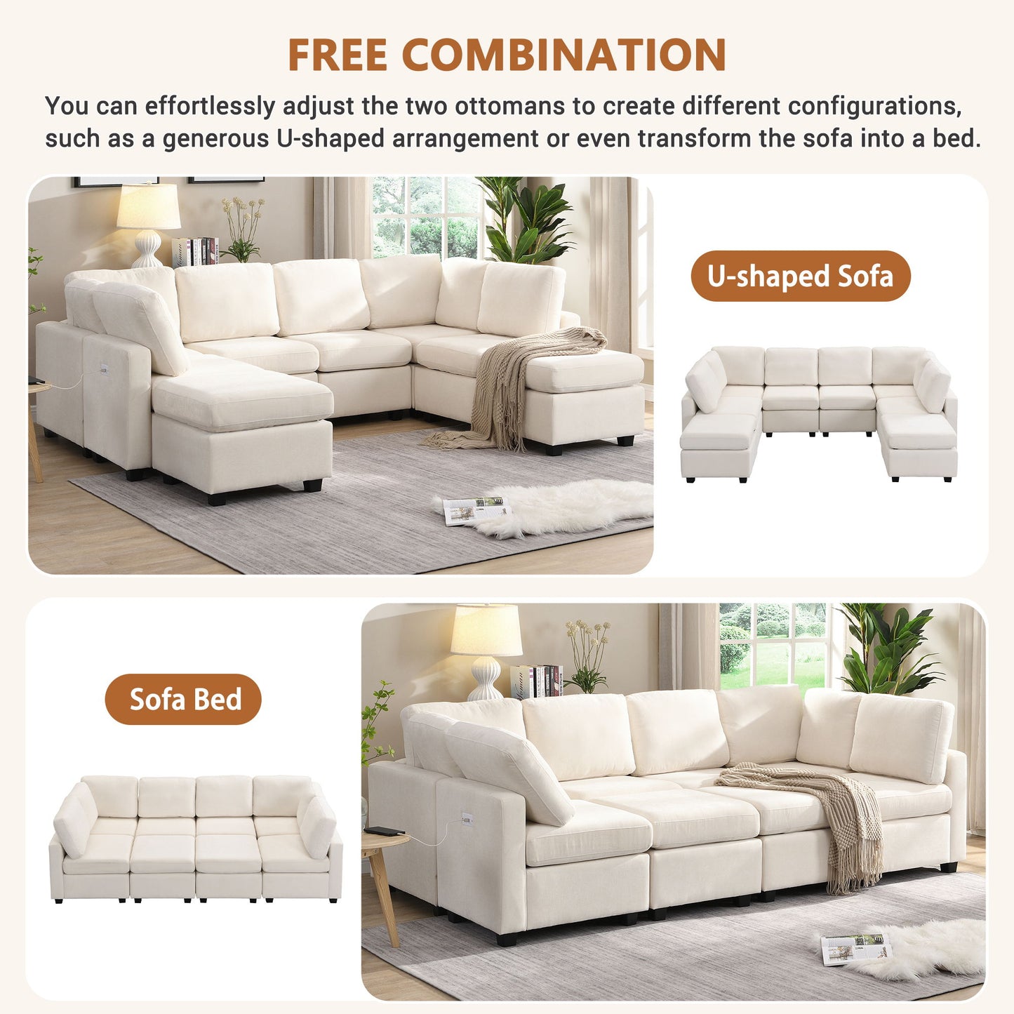 Sectional Sofa Couch Sofa Bed U-Shaped Sofa With Two Movable Ottoman And Three USB Ports For Living Room - Beige