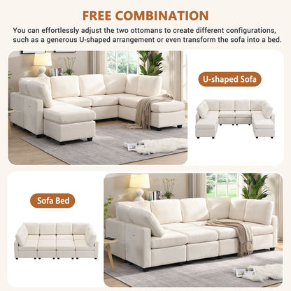 Sectional Sofa Couch Sofa Bed U-Shaped Sofa With Two Movable Ottoman And Three USB Ports For Living Room - Beige