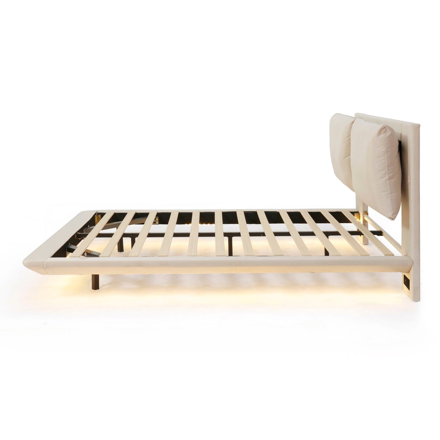 Queen Size Upholstered Platform Bed With Sensor Light And 2 Large Backrests, With 2 Sets Of USB Port And Socket On Each Rear Bed Leg - Beige