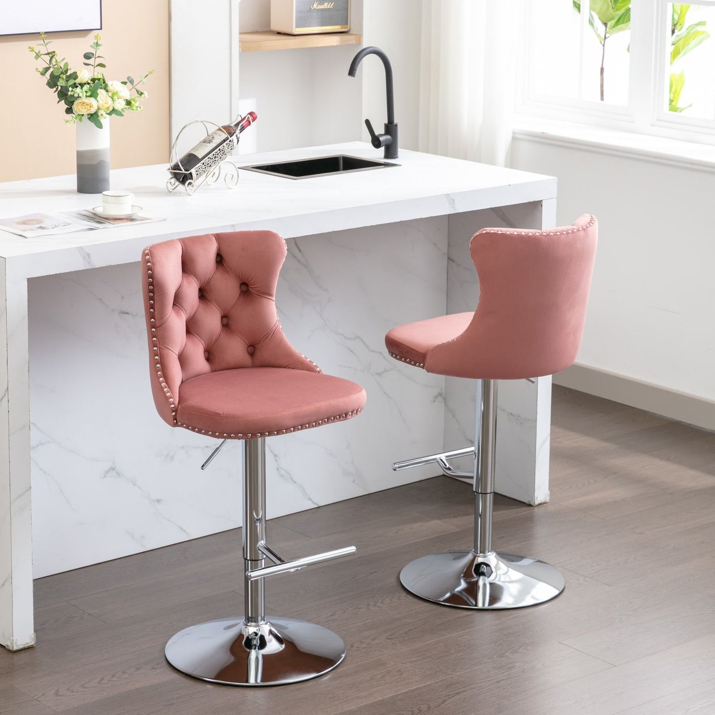 Swivel Velvet Barstools Adjusatble Seat Height From 25-33", Modern Upholstered Chrome Base Bar Stools With Backs Comfortable Tufted For Home Pub And Kitchen Island 1712Pk (Set of 2) - Pink