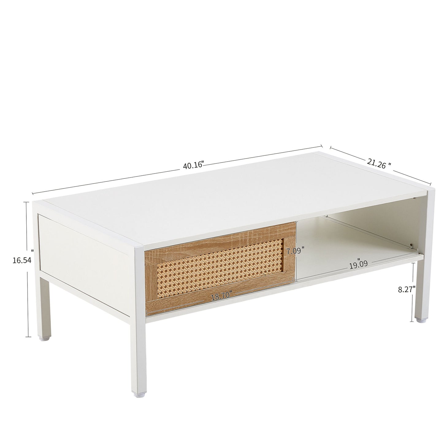 40.16" Rattan Coffee Table, Sliding Door For Storage, Metal Legs, Modern Table For Living Room - White