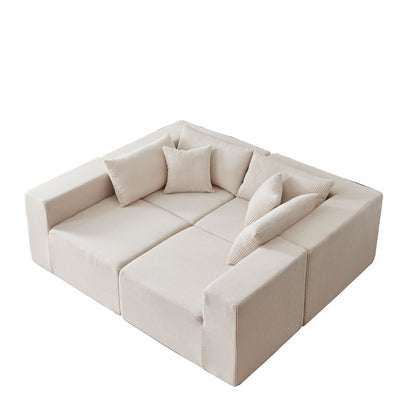 Corduroy Modular L Shaped Sectional Sofa, Luxury Floor Couch Set, 4 Piece Free Combination - Beige