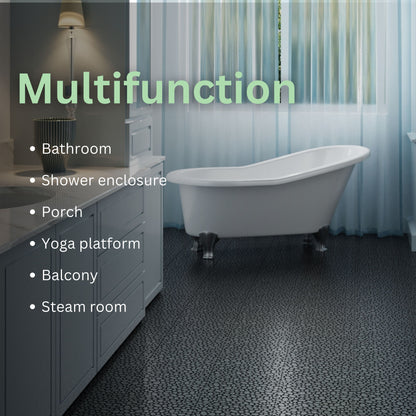 Interlocking Deck Tiles Plastic Waterproof Outdoor All Weather Anti-Slip Bathroom Shower Balcony Porch Strong Weight Capacity Upto 440 Lbs, Pebble Stone Pattern Pack Of 12 - Black