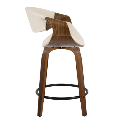 Curvini Mid-Century Modern Fixed Height Counter Stool With Swivel With Round Footrest (Set of 2) - Walnut / Cream