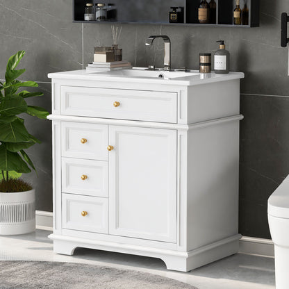 Freestanding 30" Bathroom Vanity With Sink, Soft Closing Door, Tip Out Drawer - White
