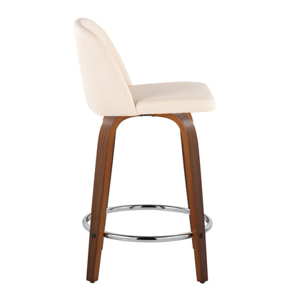 Toriano - Mid-Century Modern Fixed Height Counter Stool With Swivel With Round Footrest (Set of 2) - Walnut / Cream
