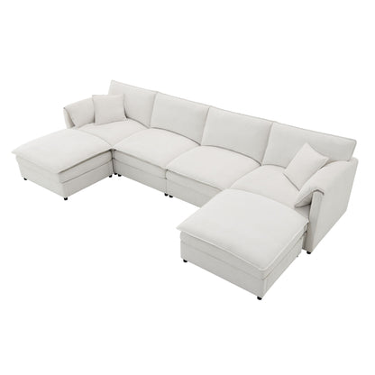Chenille Modular Sectional Sofa, U Shaped Cloud Couch Set With Double Cushions, 6 Seat Sleeper Sofa Bed With Ottomans, Oversized Indoor Furniture - Cream