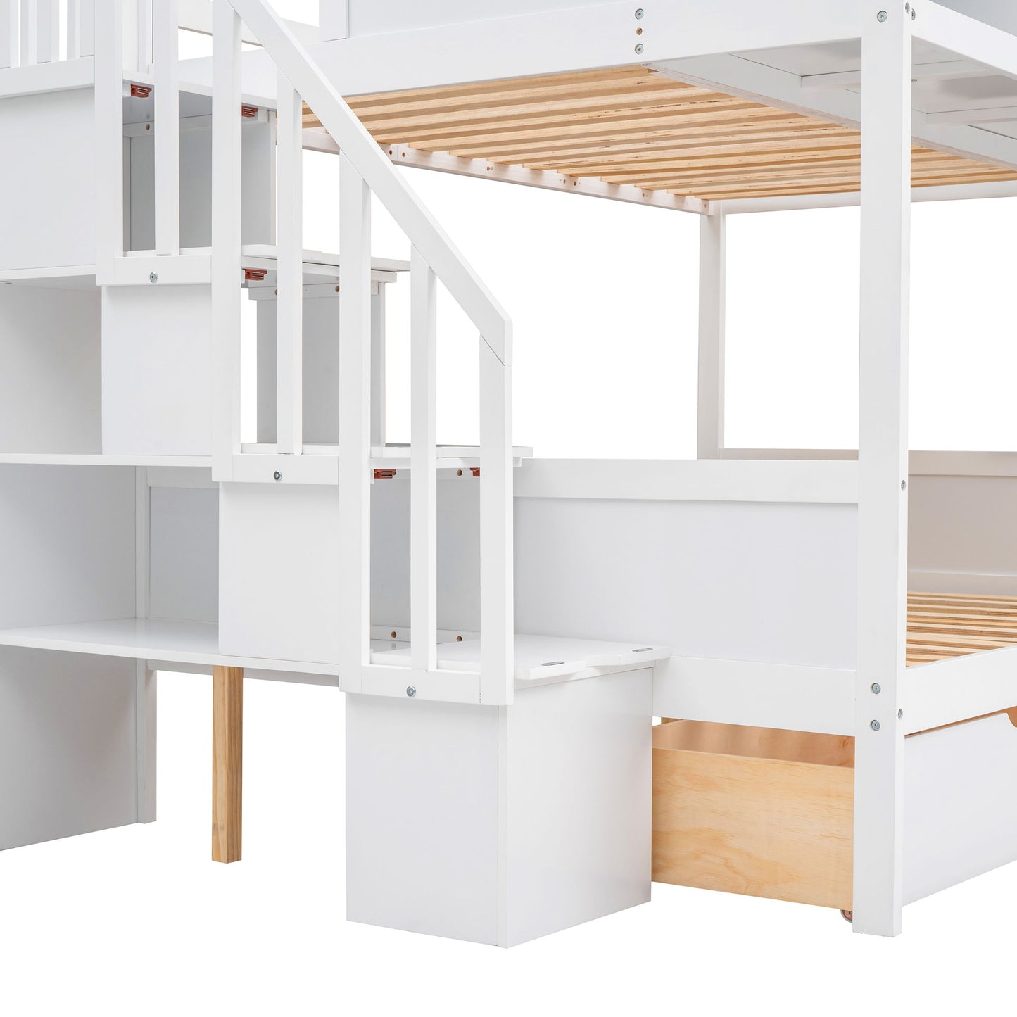 Twin Over Full Bunk Bed With Shelfs, Storage Staircase And 2 Drawers - White