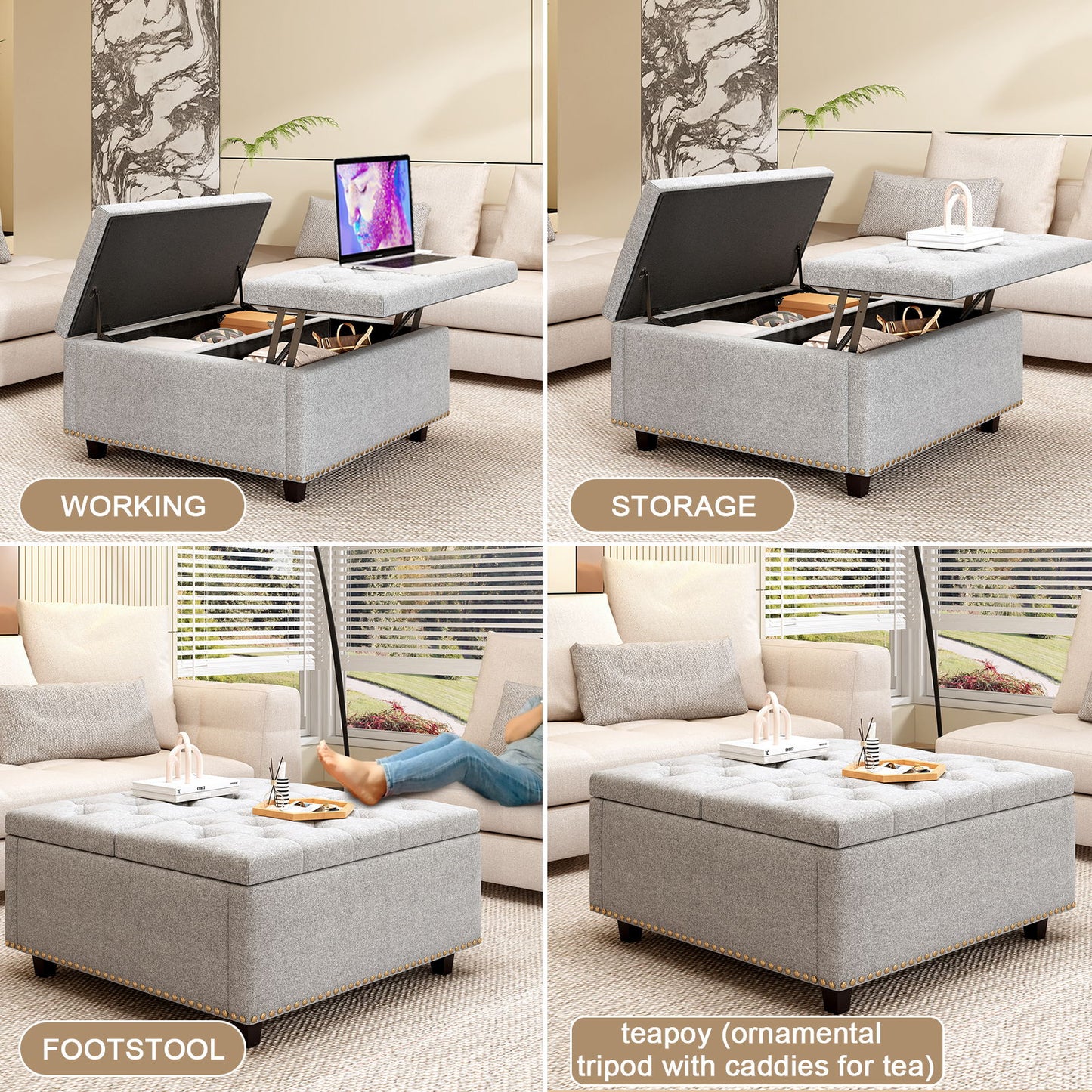 Large Square Storage Bench, Footstool With 2 Storage Doors, Mid - Century Modern Coffee Table For Living Room, Nailhead Inlay - Light Gray