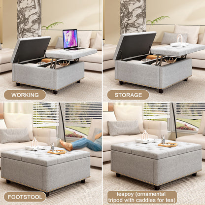 Large Square Storage Bench, Footstool With 2 Storage Doors, Mid - Century Modern Coffee Table For Living Room, Nailhead Inlay - Light Gray