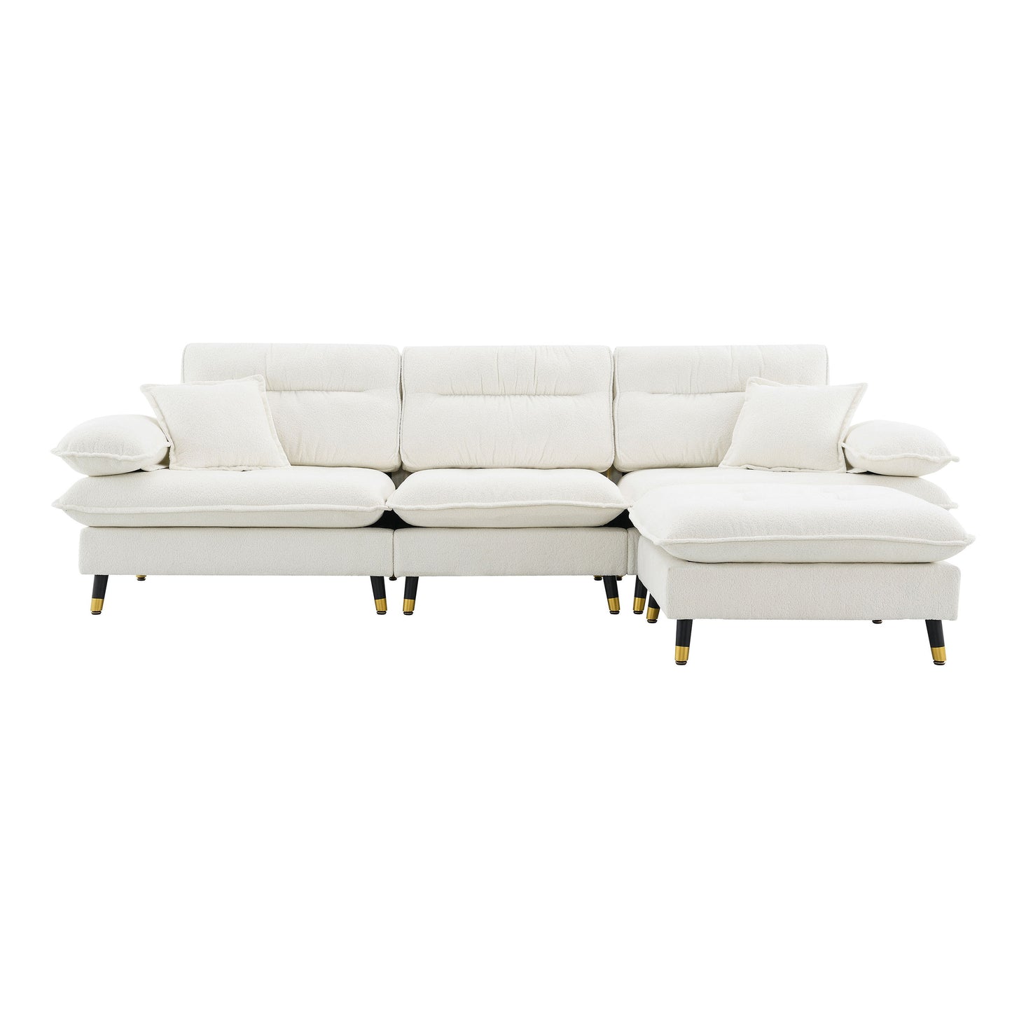 L Shaped Convertible Sectional Sofa 4 Seat Tufted Couch Set With Two Tone Adjust Legs Cloud Movable Ottoman - White
