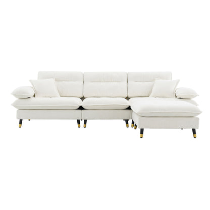 L Shaped Convertible Sectional Sofa 4 Seat Tufted Couch Set With Two Tone Adjust Legs Cloud Movable Ottoman - White