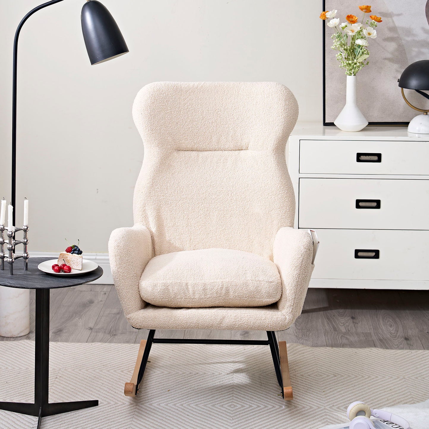 Modern Teddy Fabric Rocking Chair With High Backrest And Armrests Lounge Accent Chair For Living Room - Beige