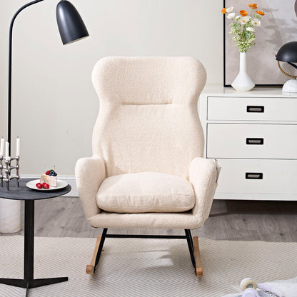 Modern Teddy Fabric Rocking Chair With High Backrest And Armrests Lounge Accent Chair For Living Room - Beige