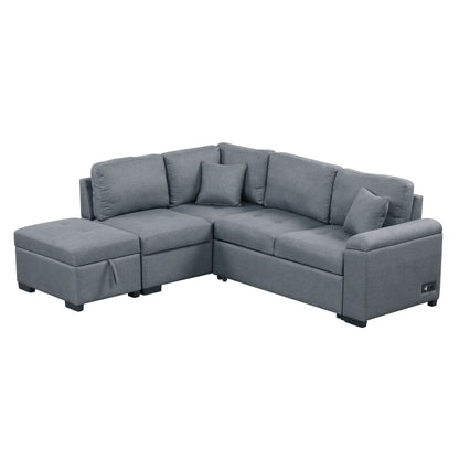 Sleeper Sectional Sofa, L-Shape Corner Couch Sofa - Bed With Storage Ottoman & Hidden Arm Storage & USB Charge For Living Room Apartment - Dark Gray