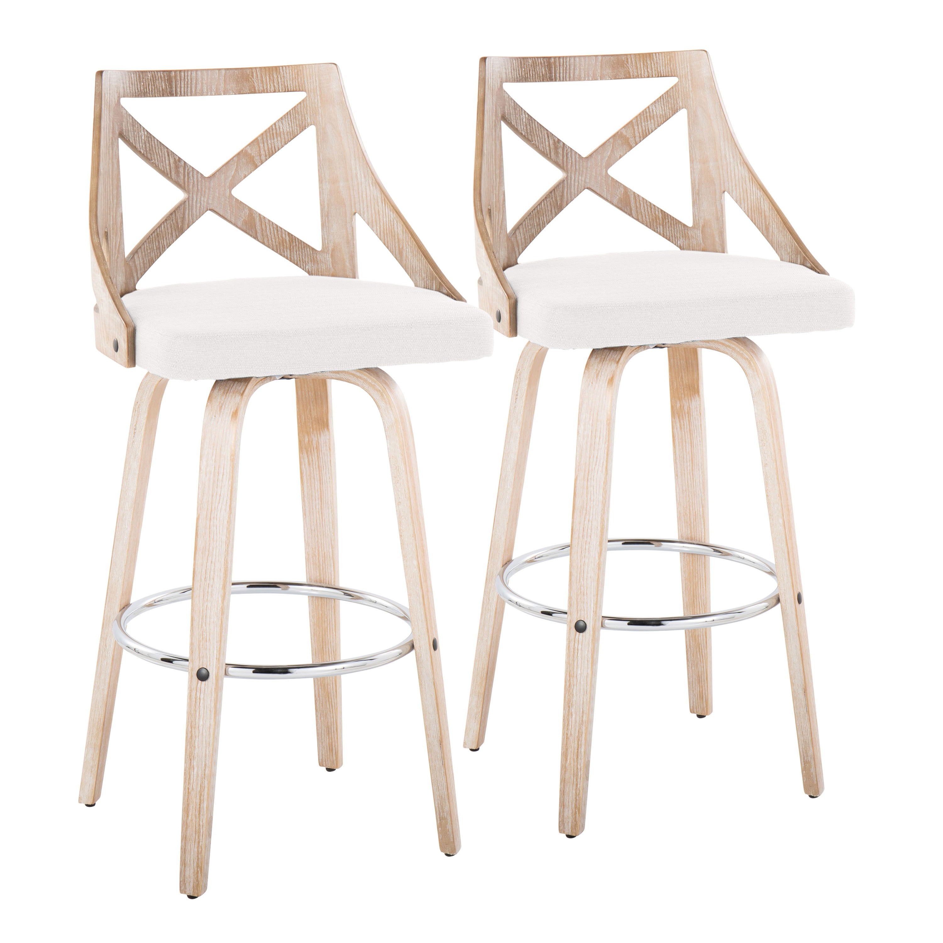 Charlotte - Farmhouse Fixed Height Barstool With Swivel Round Chrome Footrest (Set of 2) - White Washed / Cream