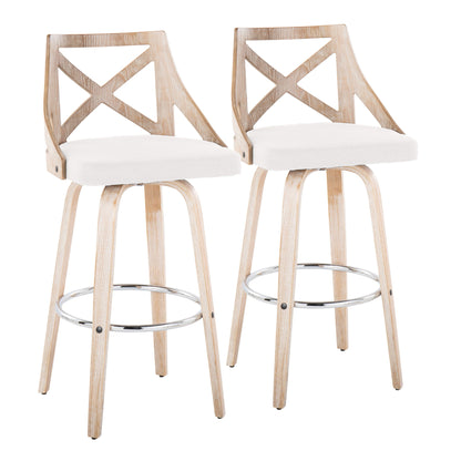 Charlotte - Farmhouse Fixed Height Barstool With Swivel Round Chrome Footrest (Set of 2) - White Washed / Cream