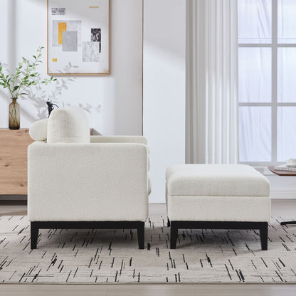 Farmhouse Upholstered Accent Chair With Ottoman, Wood Base, Reversible Lid Coffee Table For Living Room Or Office - Ivory