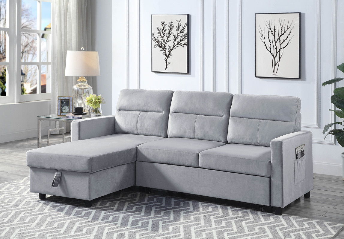 Ivy - Velvet Reversible Sleeper Sectional Sofa With Storage Chaise And Side Pocket - Light Gray