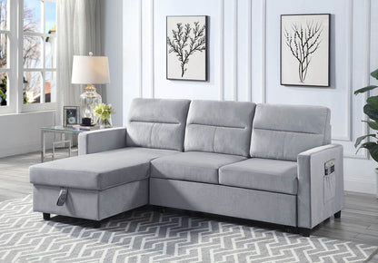 Ivy - Velvet Reversible Sleeper Sectional Sofa With Storage Chaise And Side Pocket - Light Gray