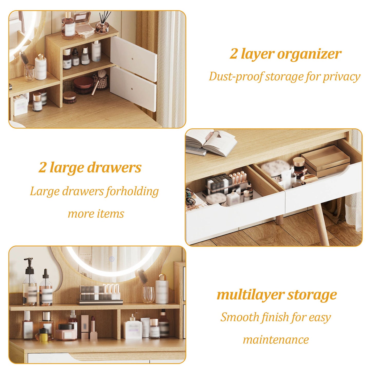 Elegant Makeup Vanity Desk With Adjustable Lighted Mirror Table Feet - American White Oak