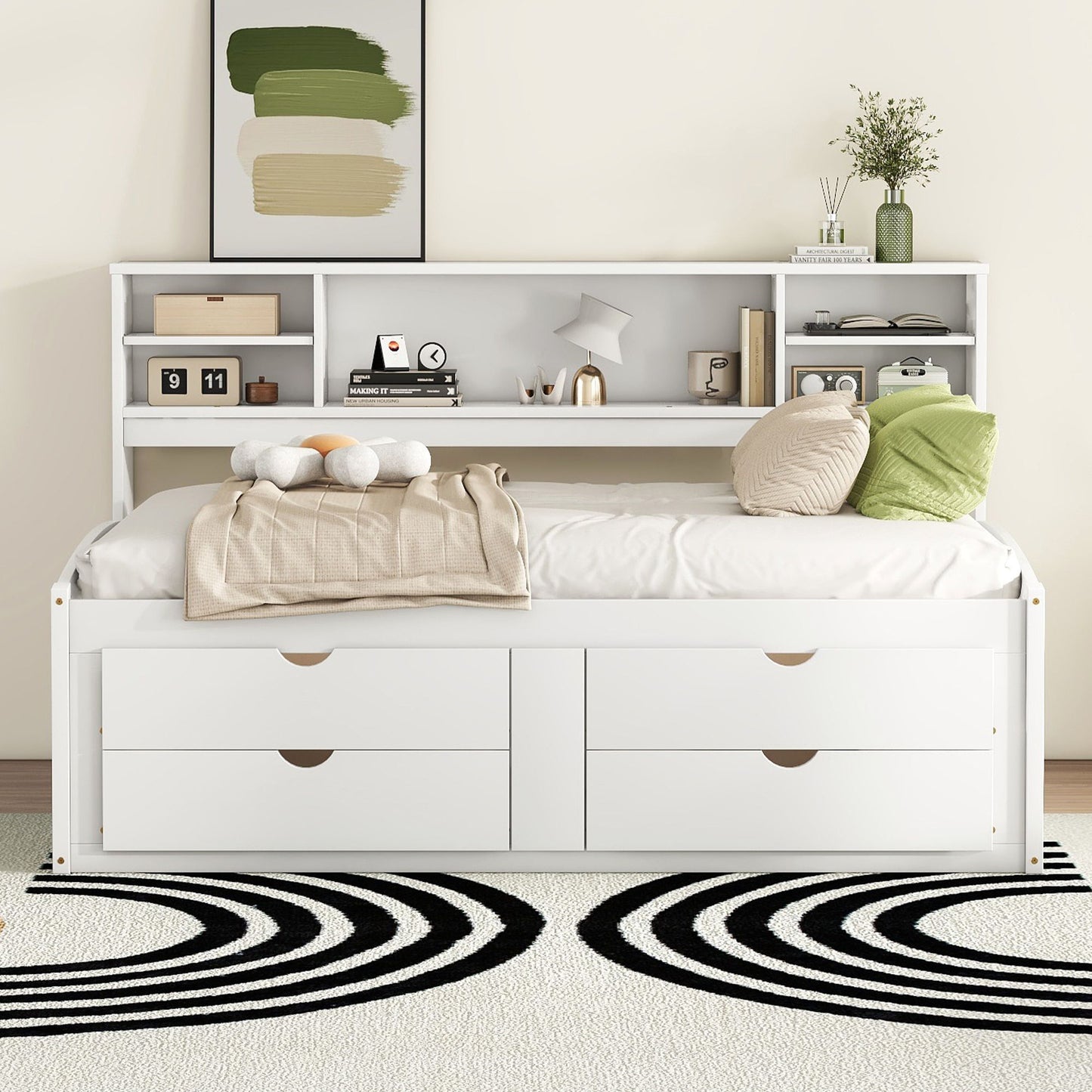 Full Size Daybed With 2 Bedside Cabinets, Upper Shelves And 4 Drawers - White