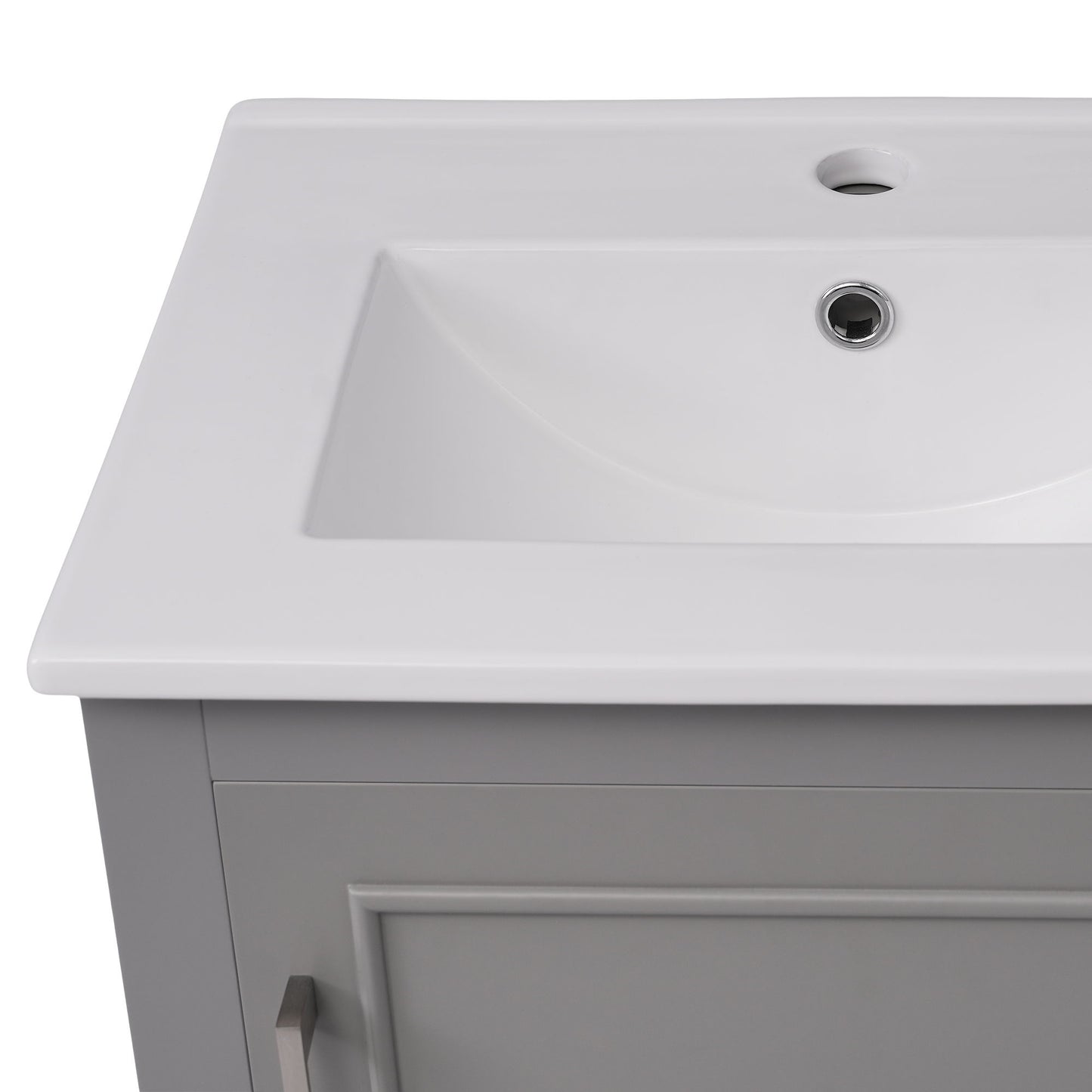 Modern Small Bathroom Vanity Cabinet With Ceramic Basin, Ample Storage, 1 Soft-Close Door - Gray