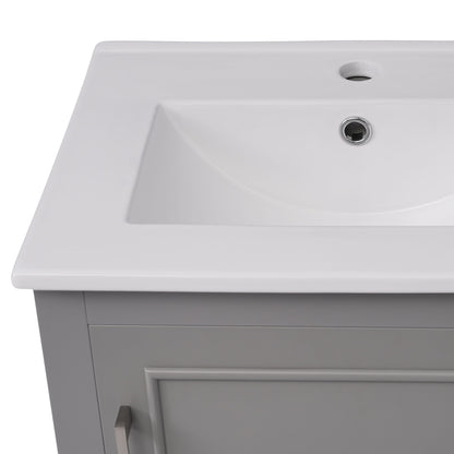 Modern Small Bathroom Vanity Cabinet With Ceramic Basin, Ample Storage, 1 Soft-Close Door - Gray