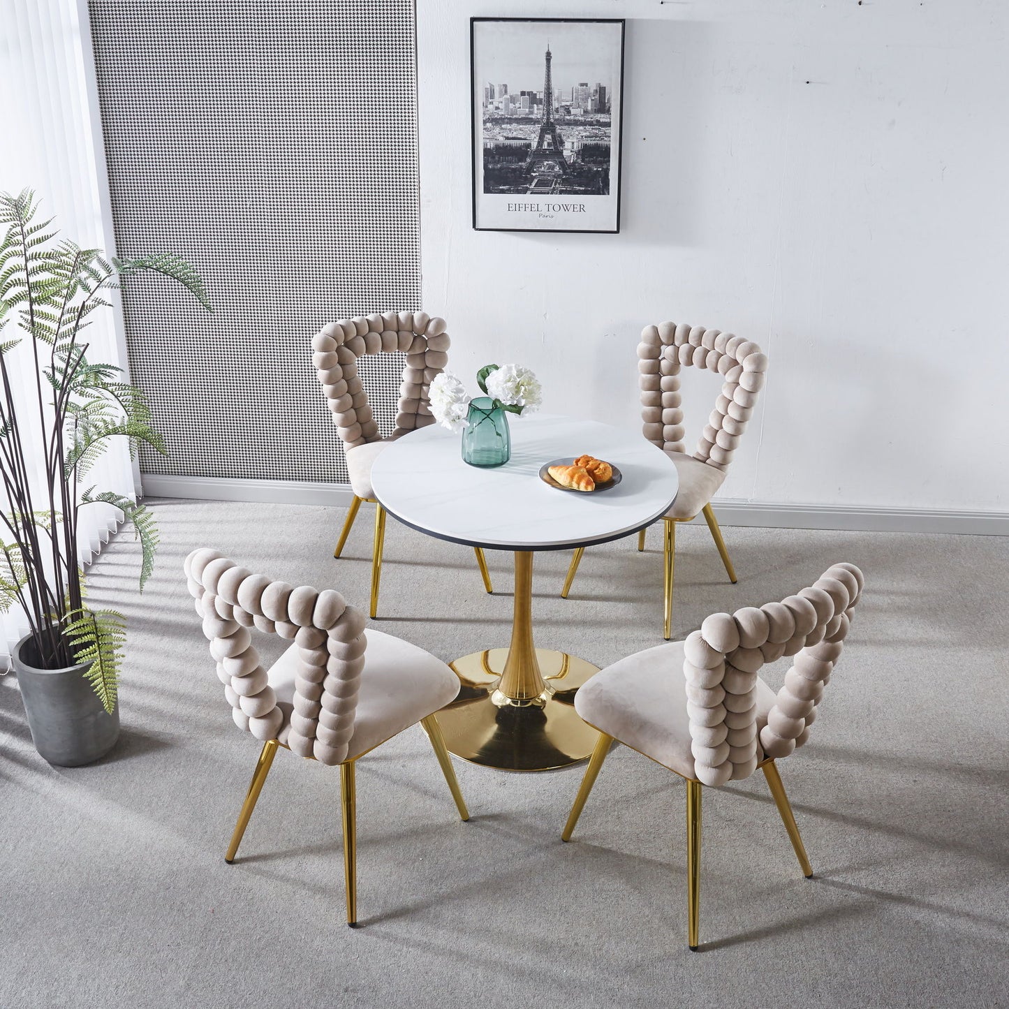Modern Chair With Iron Tube Legs, Soft Cushions And Comfortable Backrest, Suitable For Dining Room, Living Room, Cafe, Hairball Back (Set of 4) - White / Gold