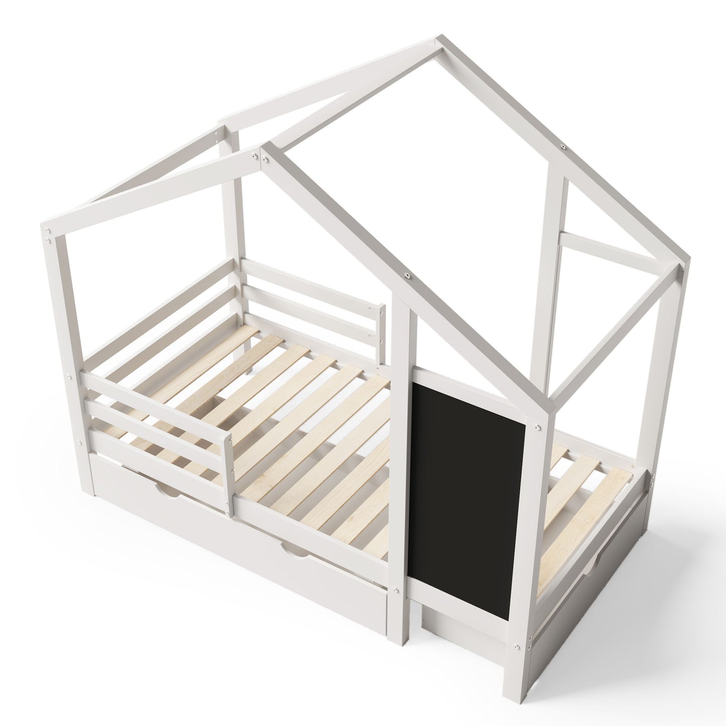 Twin House Bed With Blackboard And Drawers, 2 Assembly Options - White