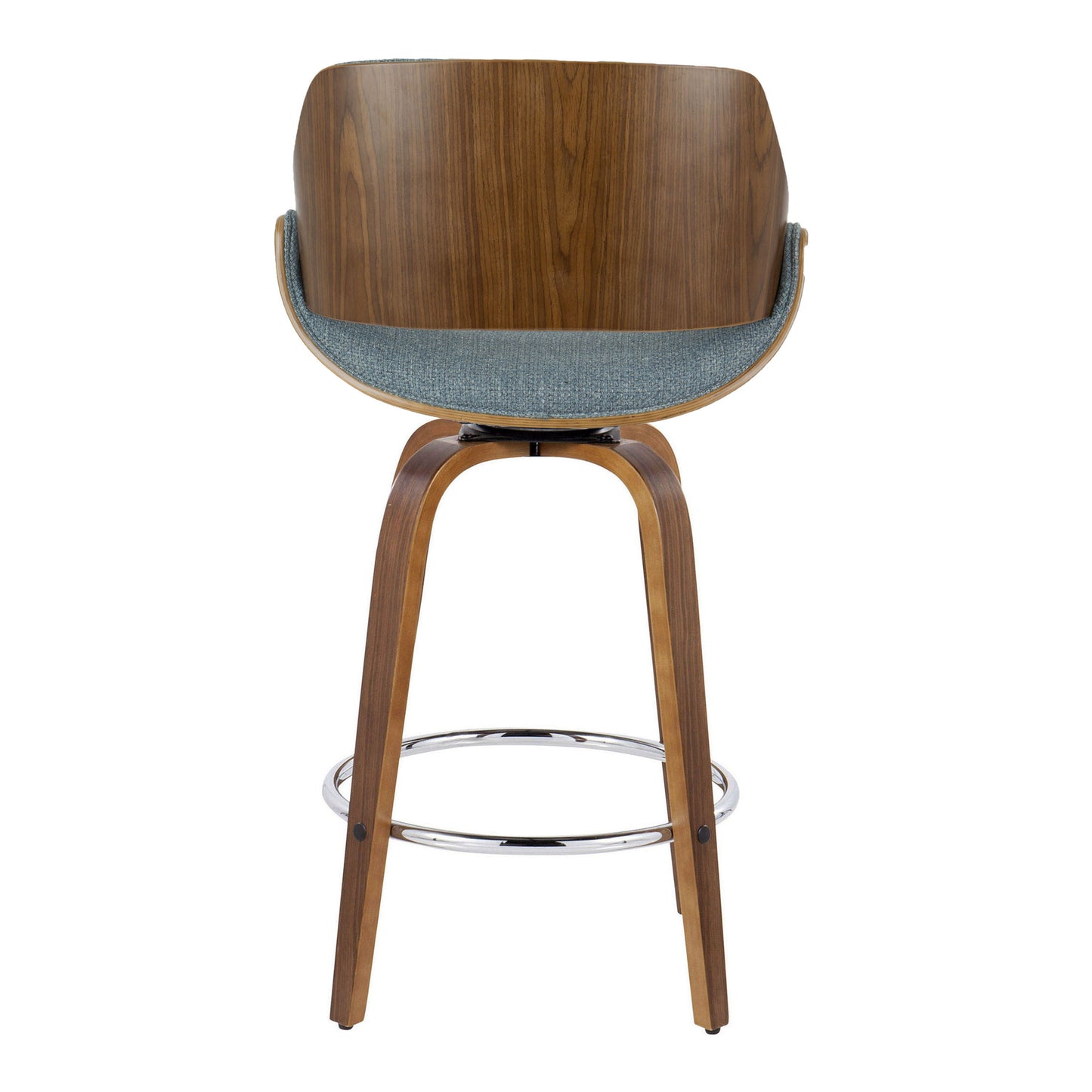 Fabrizzi - Mid-Century Modern Fixed Height Counter Stool With Swivel With Round Footrest (Set of 2) - Walnut / Blue