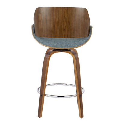 Fabrizzi - Mid-Century Modern Fixed Height Counter Stool With Swivel With Round Footrest (Set of 2) - Walnut / Blue